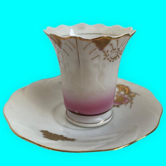 Occupied Japan Demitasse Cup & Japanese Saucer Hand Painted Pink and Gold - Picture 2 of 11